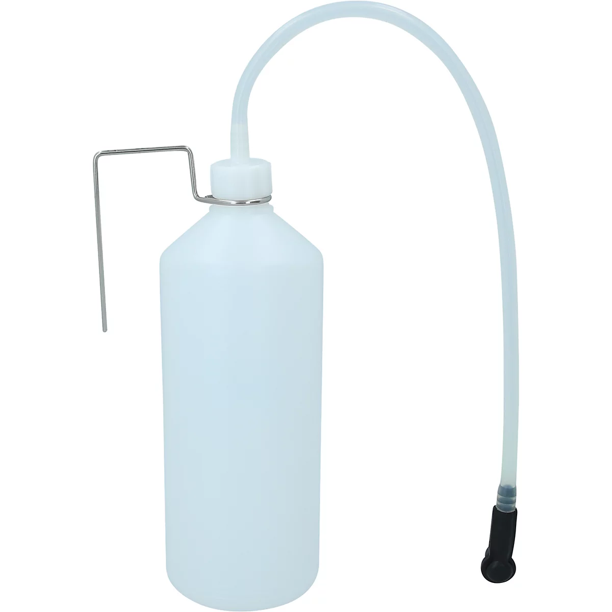 Eine weiße Spülflasche mit flexiblen Schlauch und Halterung.